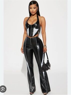Fashion Nova Black & Silver Faux Leather Flare Pants